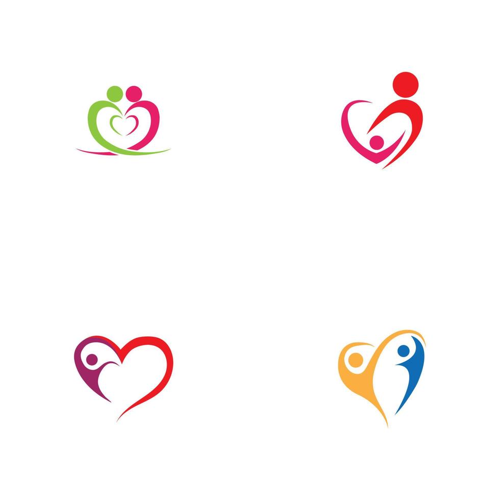hart logo en mensen ontwerp, liefdadigheid en ondersteuning vector concept, liefde en gelukkig leven vectorillustratie.