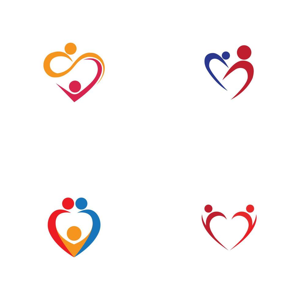 hart logo en mensen ontwerp, liefdadigheid en ondersteuning vector concept, liefde en gelukkig leven vectorillustratie.