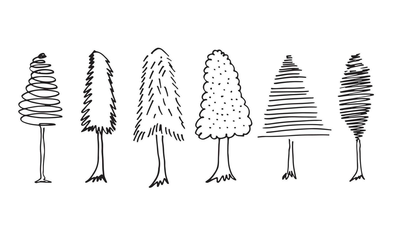 doodle park bos naaldboom abstracte silhouetten geschetst bomen in zwarte kleur collectie set vector