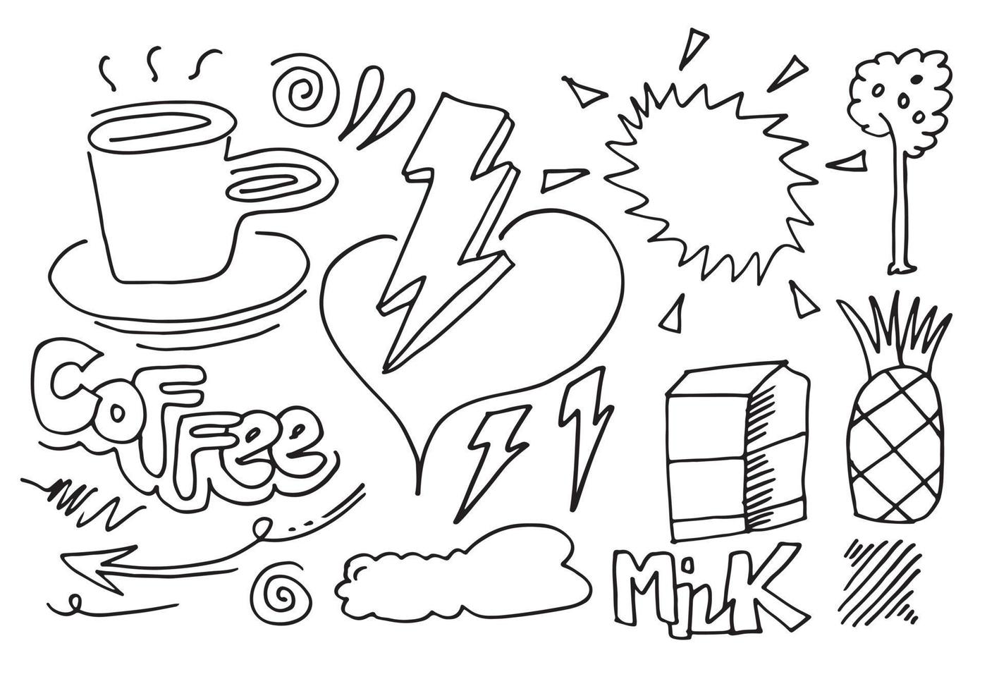 handgetekende set elementen, zwart op witte achtergrond, pijlen, harten, koffie, bomen, ananas, bliksem, melk voor conceptontwerp vector