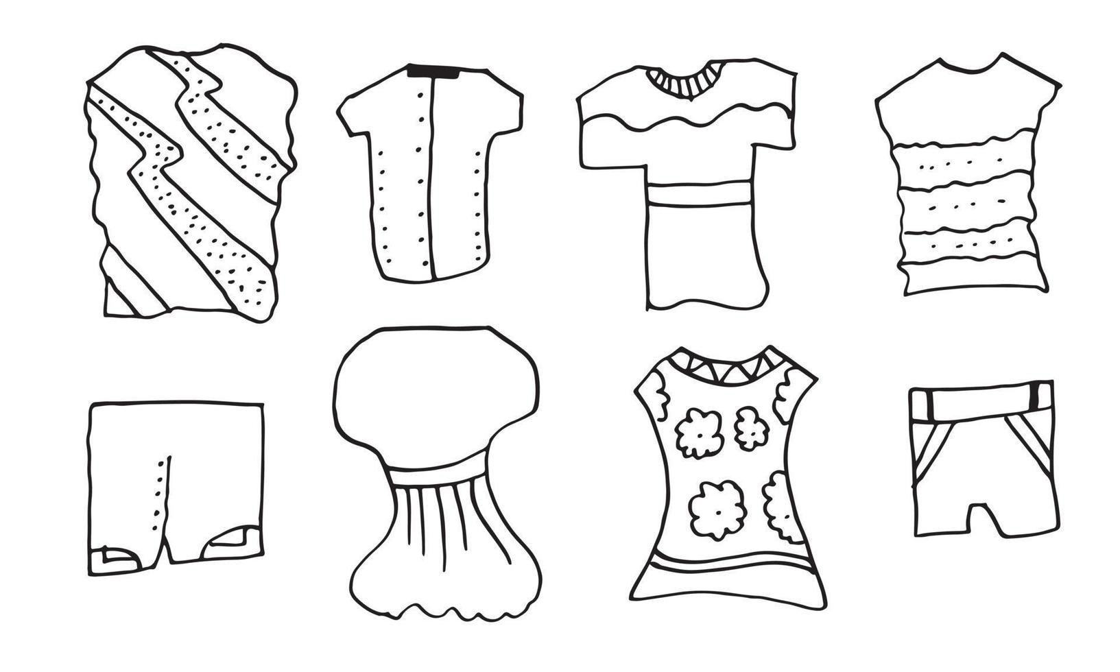 doodle vector hand getrokken dameskleding ingesteld op witte achtergrond.