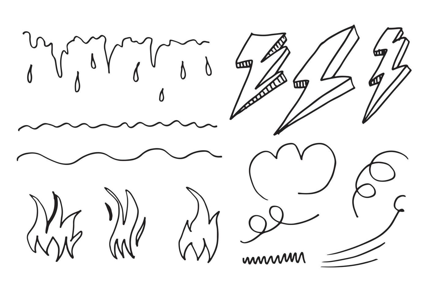 set hand getrokken doodle bliksemschichten, vuur en water. vectorontwerpelementen geïsoleerd op een witte achtergrond vector