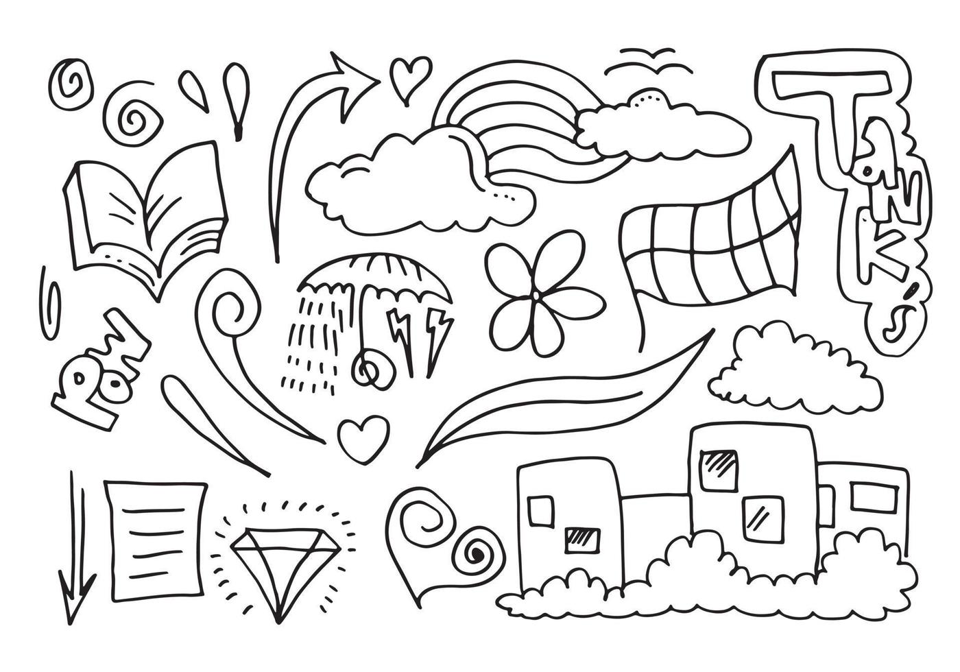 creatieve kunst doodles hand getekende ontwerp illustratie met tekst pow en bedankt. vector