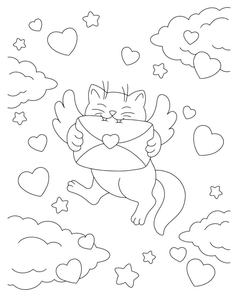 een kat met vleugels draagt een liefdesbrief. kleurboekpagina voor kinderen. Valentijnsdag. stripfiguur in stijl. vectorillustratie geïsoleerd op een witte achtergrond. vector