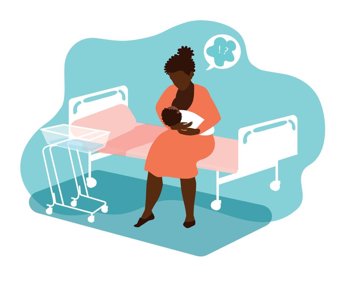 Afro-Amerikaanse vrouw met een pasgeboren baby alleen in een ziekenhuisafdeling die bij een baby verblijft. postpartum depressie periode. frustratie, behoefte aan borstvoeding en geestelijke ondersteuning van de moeder. vector