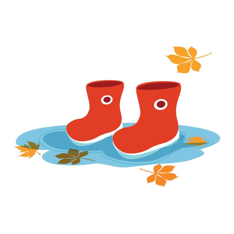 rode rubberen kinderlaarzen in een plas. herfst plezier. vierkant formaat, isolatie op een witte achtergrond. gebruik als sticker, print, kaart, webnetwerken. vector