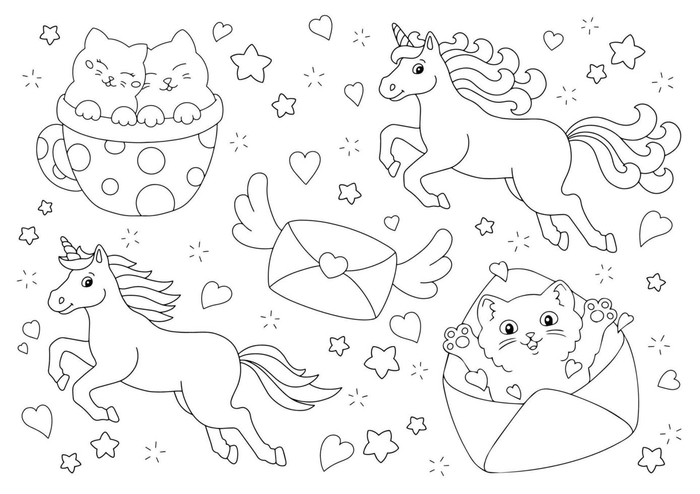 mooie eenhoorns, schattige katten, een vliegende envelop. kleurboekpagina voor kinderen. Valentijnsdag. stripfiguur in stijl. vectorillustratie geïsoleerd op een witte achtergrond. vector