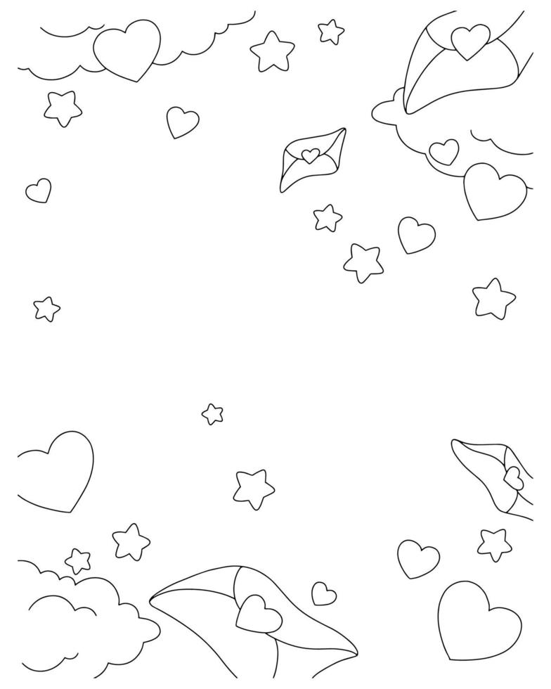 achtergrond met hartjes en wolken. kleurboekpagina voor kinderen. Valentijnsdag. cartoon-stijl. vectorillustratie. vector