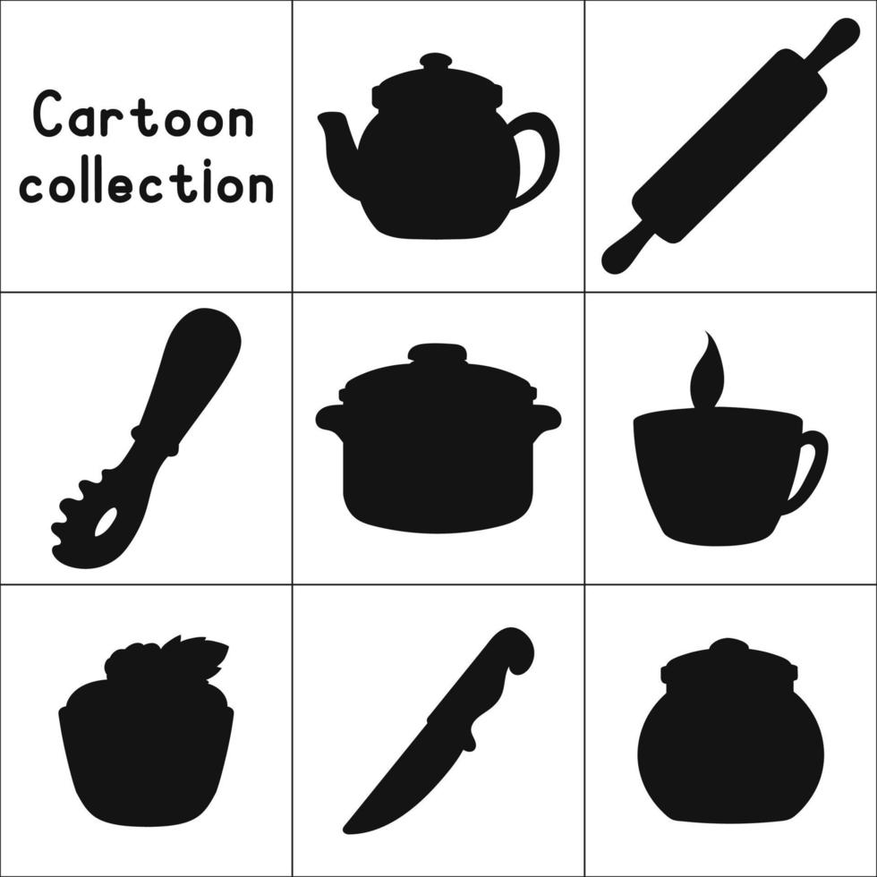 servies thema. zwart silhouet. vectorillustratie geïsoleerd op een witte achtergrond. ontwerpelement. sjabloon voor uw ontwerp, boeken, stickers, posters, kaarten, kinderkleding. vector