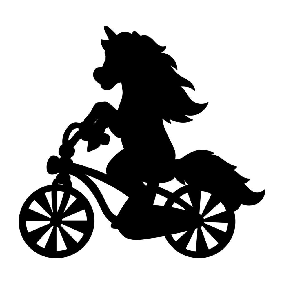 vrolijke eenhoorn rijdt op een fiets. zwart silhouet. ontwerpelement. vectorillustratie geïsoleerd op een witte achtergrond. sjabloon voor boeken, stickers, posters, kaarten, kleding. vector