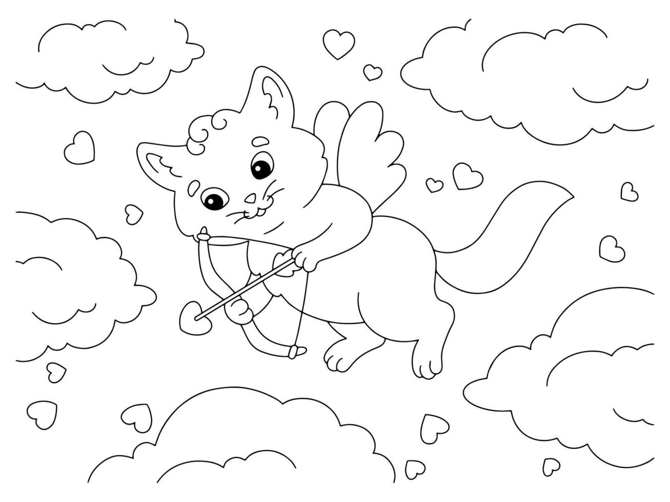 schattige kat cupido. kleurboekpagina voor kinderen. stripfiguur in stijl. vectorillustratie geïsoleerd op een witte achtergrond. Valentijnsdag. vector