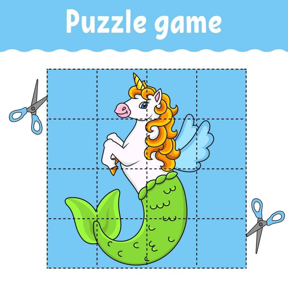 puzzelspel voor kinderen. schattige zeemeermin eenhoorn. onderwijs ontwikkelen werkblad. leerspel voor kinderen. kleur activiteitenpagina. voor peuter. raadsel voor de kleuterschool. vector