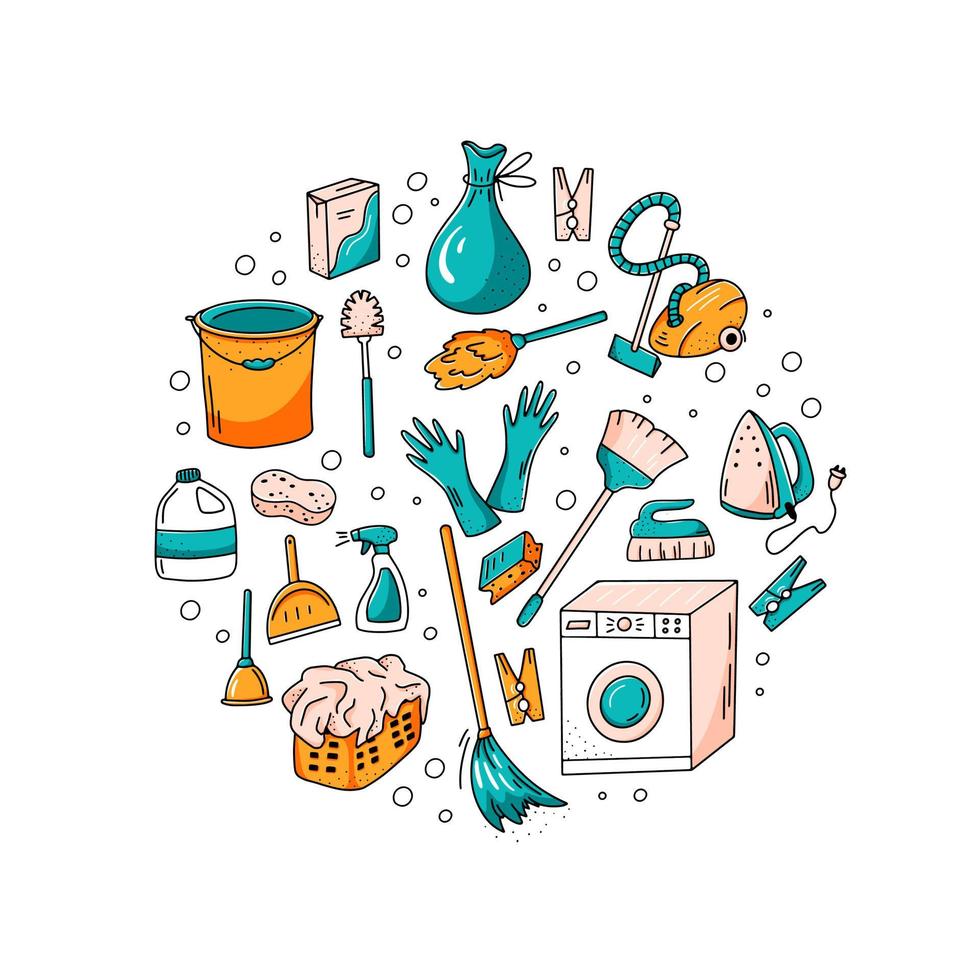 schoonmaakservice set handgetekende elementen. vector collectie van huis schoonmaken doodles.