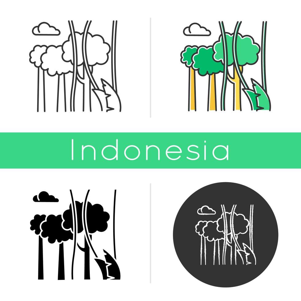 regenwoud planten icoon. groenblijvende bosranken. lianen en hoge bomen. Indonesische jungle. Bali natuur. tropische flora. lineaire, zwarte, krijt- en kleurstijlen. geïsoleerde vectorillustraties vector