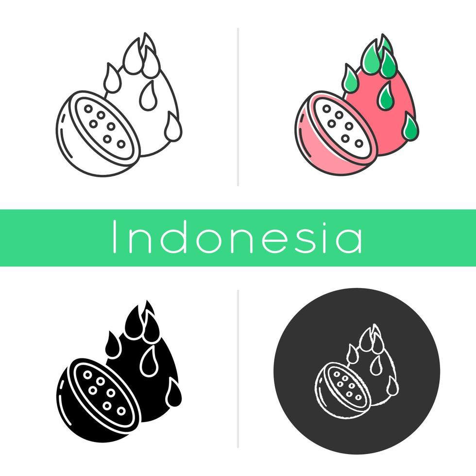 drakenfruit icoon. pitaja stuk. het verkennen van lokale voedselspecialiteiten. Indonesische unieke smaak fruit. exotische tropische plant. lineaire, zwarte, krijt- en kleurstijlen. geïsoleerde vectorillustratie vector