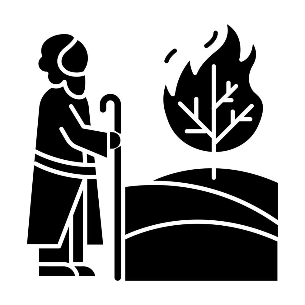 Mozes en het brandende braambos bijbelverhaal glyph icoon. profeet en boom in vlam. religieuze legende. bijbels verhaal. silhouet symbool. negatieve ruimte. vector geïsoleerde illustratie