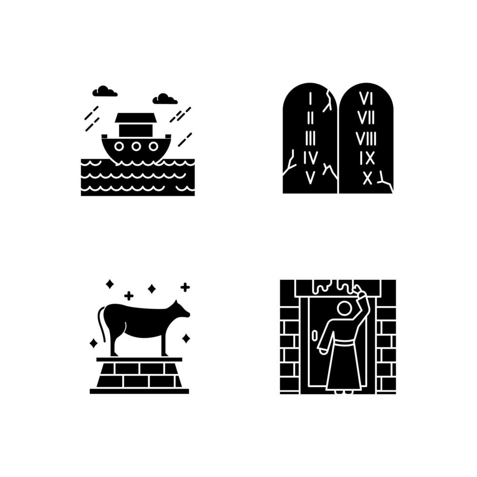 bijbel verhalen glyph pictogrammen instellen. het Pascha, de zondvloedmythes, de tien geboden. christelijke religie, heilige boekscènes. bijbelverhalen plot. silhouet symbolen. vector geïsoleerde illustratie