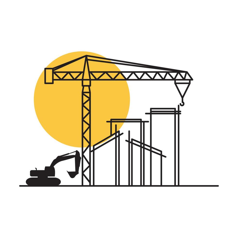 lijn constructie met kraan graafmachine en zonsondergang logo ontwerp vector grafisch symbool pictogram teken illustratie creatief idee