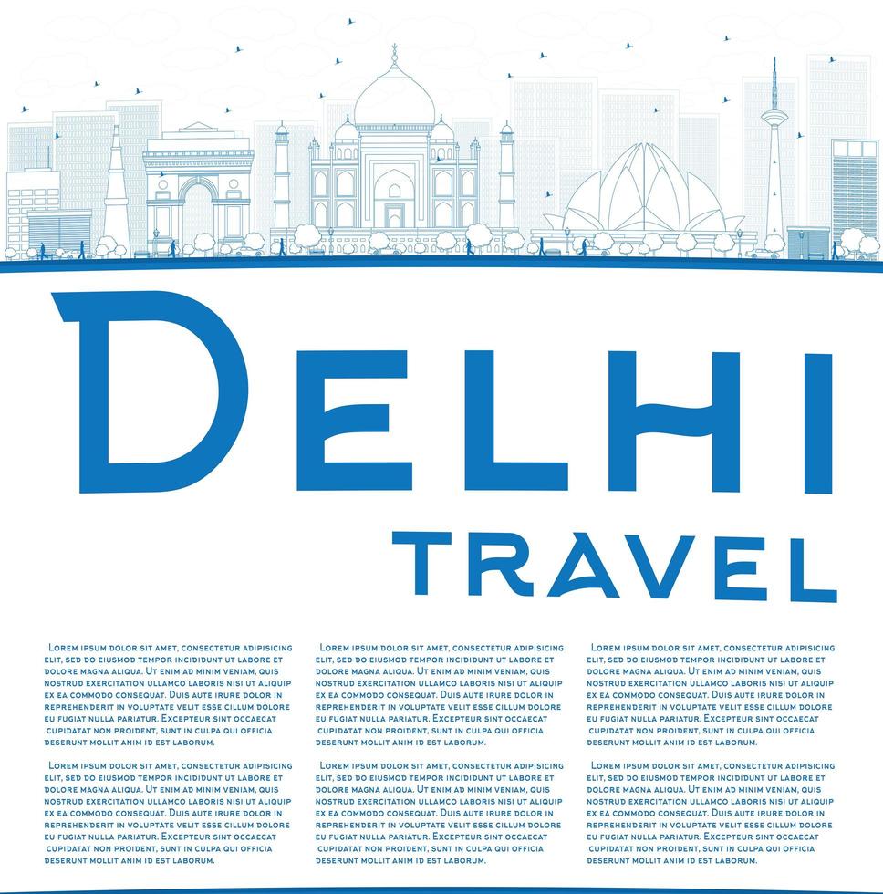 schets de skyline van Delhi met blauwe oriëntatiepunten en kopieer ruimte. vector