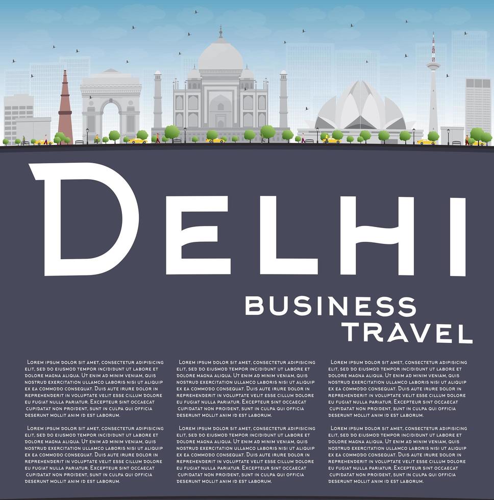 de skyline van Delhi met grijze oriëntatiepunten en kopieer ruimte. vector