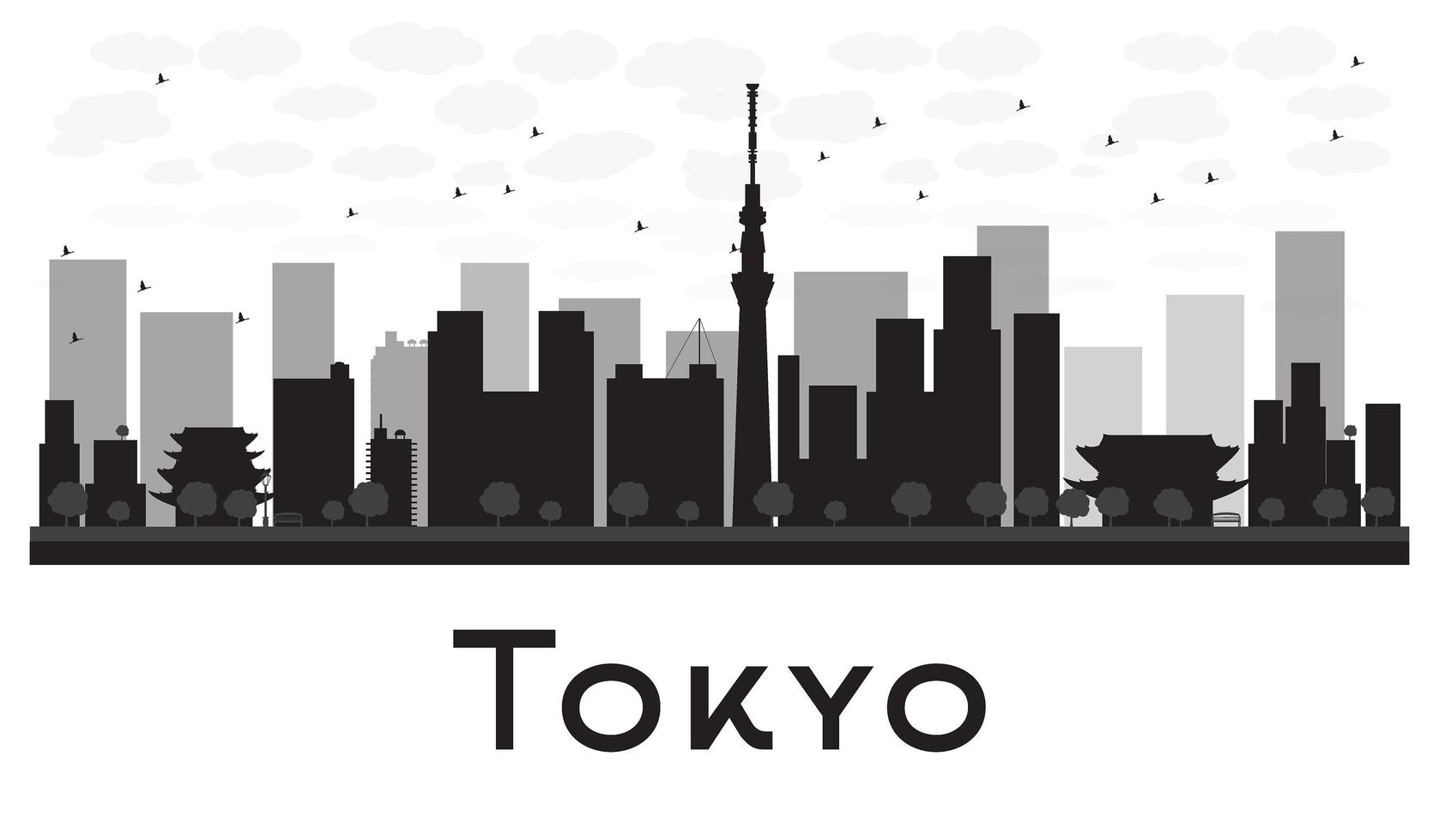 Tokyo city skyline zwart-wit silhouet. vector