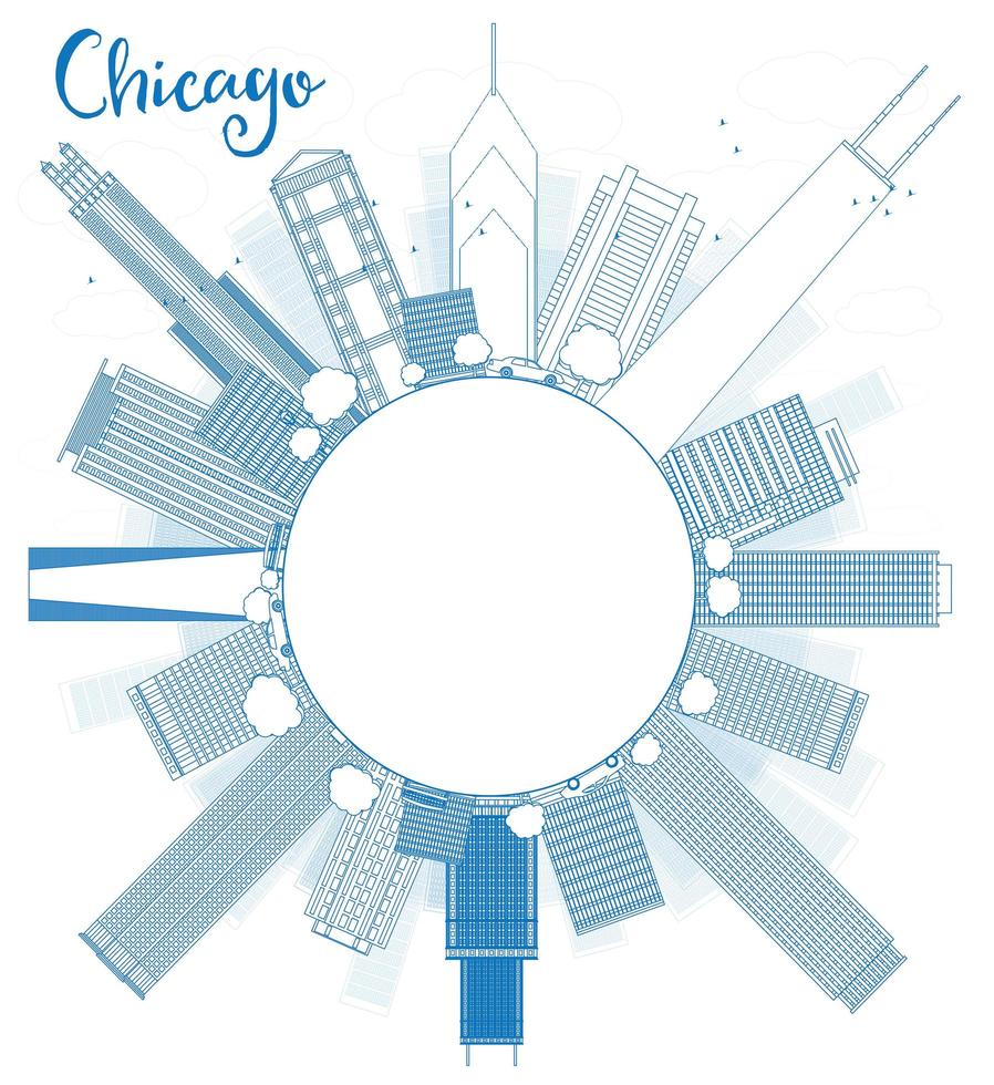 schets de skyline van Chicago met blauwe wolkenkrabbers en kopieer ruimte. vector