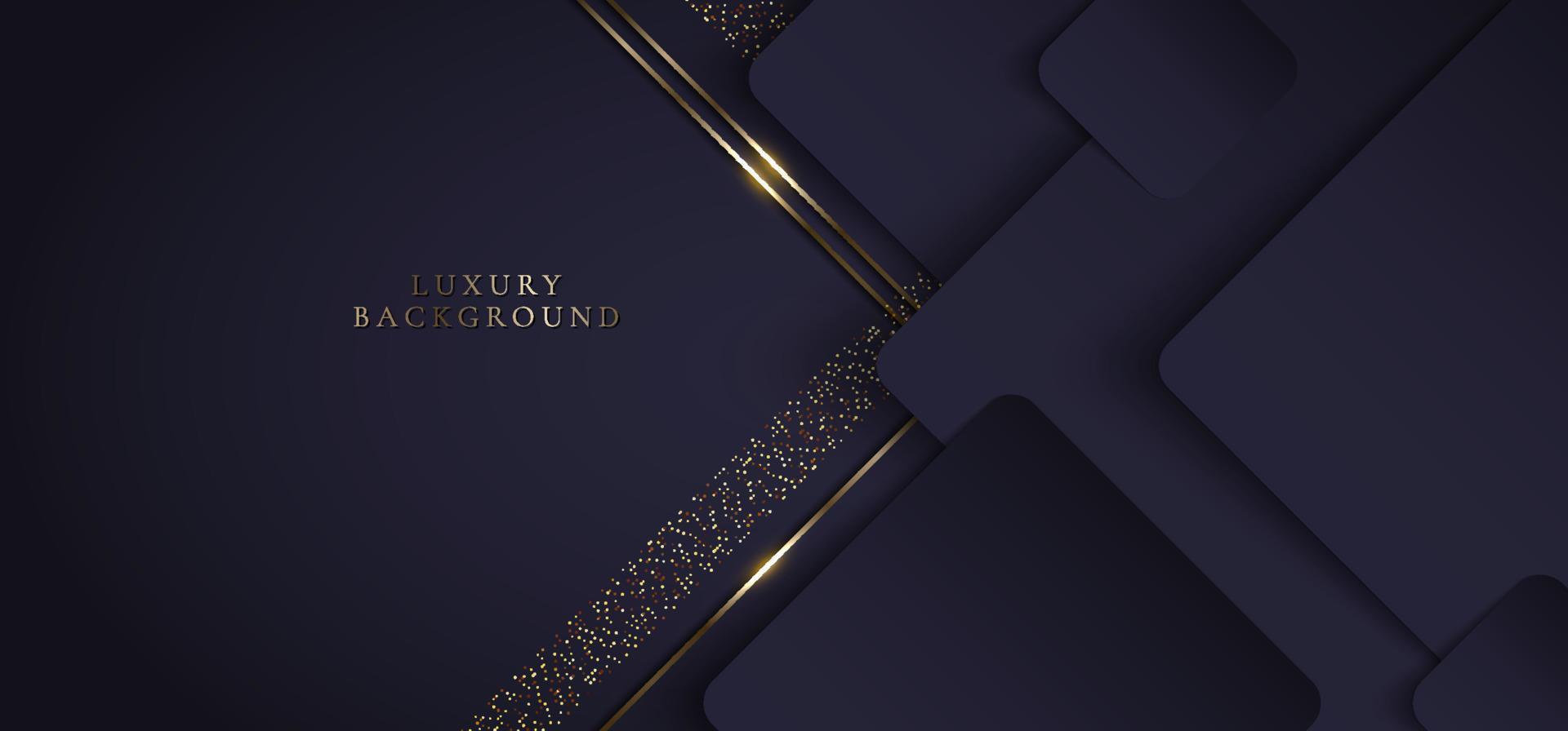 3D-moderne luxe sjabloonontwerp paarse driehoeken en gouden glitter strepen lijn licht vonken op donkere achtergrond vector