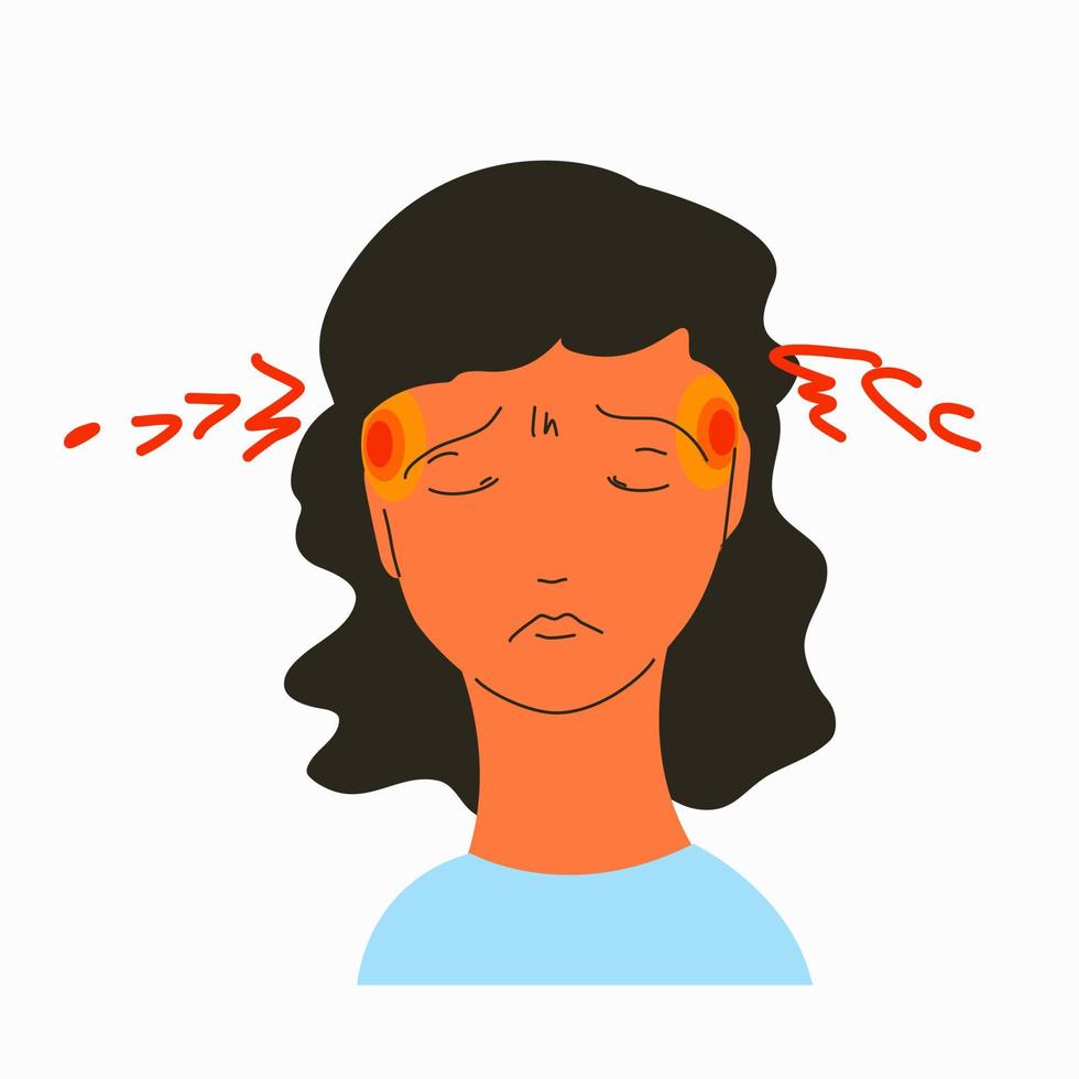een meisje met ernstige hoofdpijn in de slapen. vector