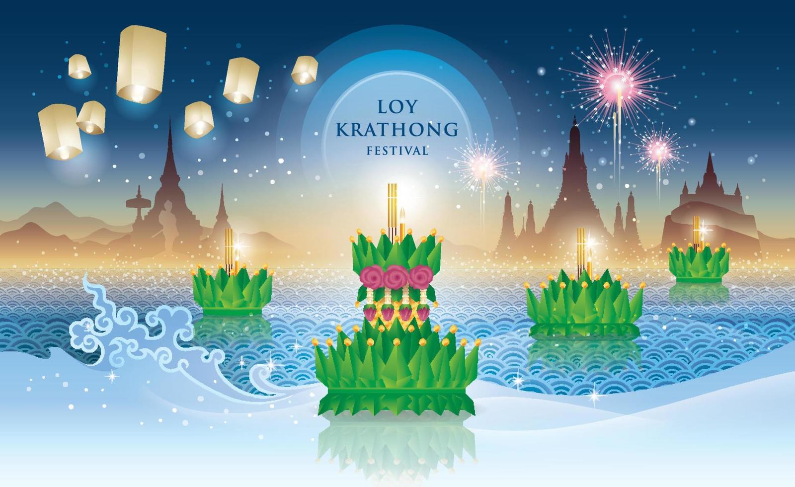 thailand loy krathong festival, blauwe waterplons, groene krathong en lantaarn met oriëntatiepunt in thailand, thaise kunst traditional vector