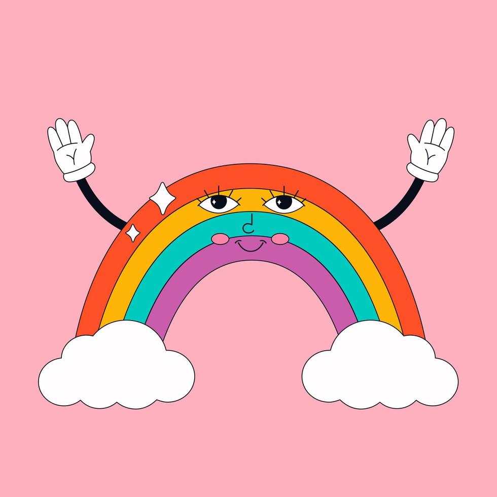 schattige regenboog stripfiguur met wolken. hippie, psychedelisch, retro, vintage vector