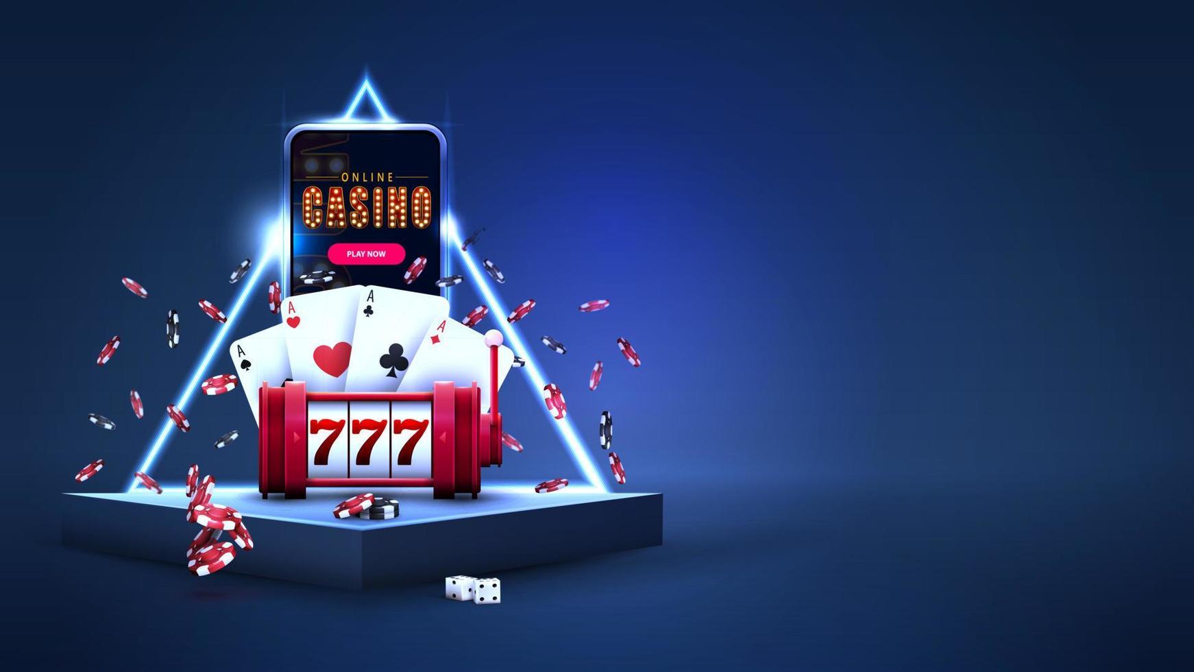 blauwe driehoekige podia met smartphone, rode gokautomaat, pokerfiches, speelkaarten in scène met blauwe neon driehoekige rand op achtergrond vector
