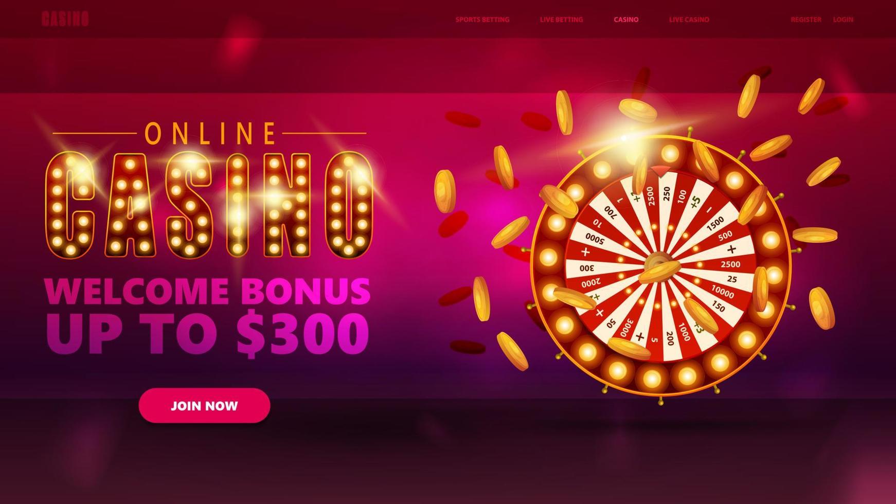 online casino, paarse banner voor website met knop en rood casinowielfortuin met gouden munten eromheen vector