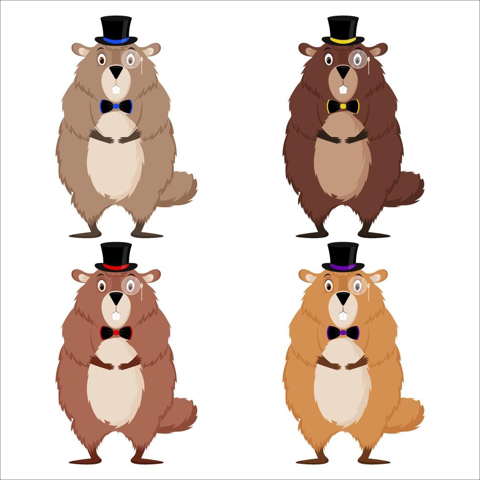 fijne groundhog-dag. een set van vier elegante marmotten in een hoge hoed en vlinderdas. geïsoleerd op een witte achtergrond. vectorillustratie. vector
