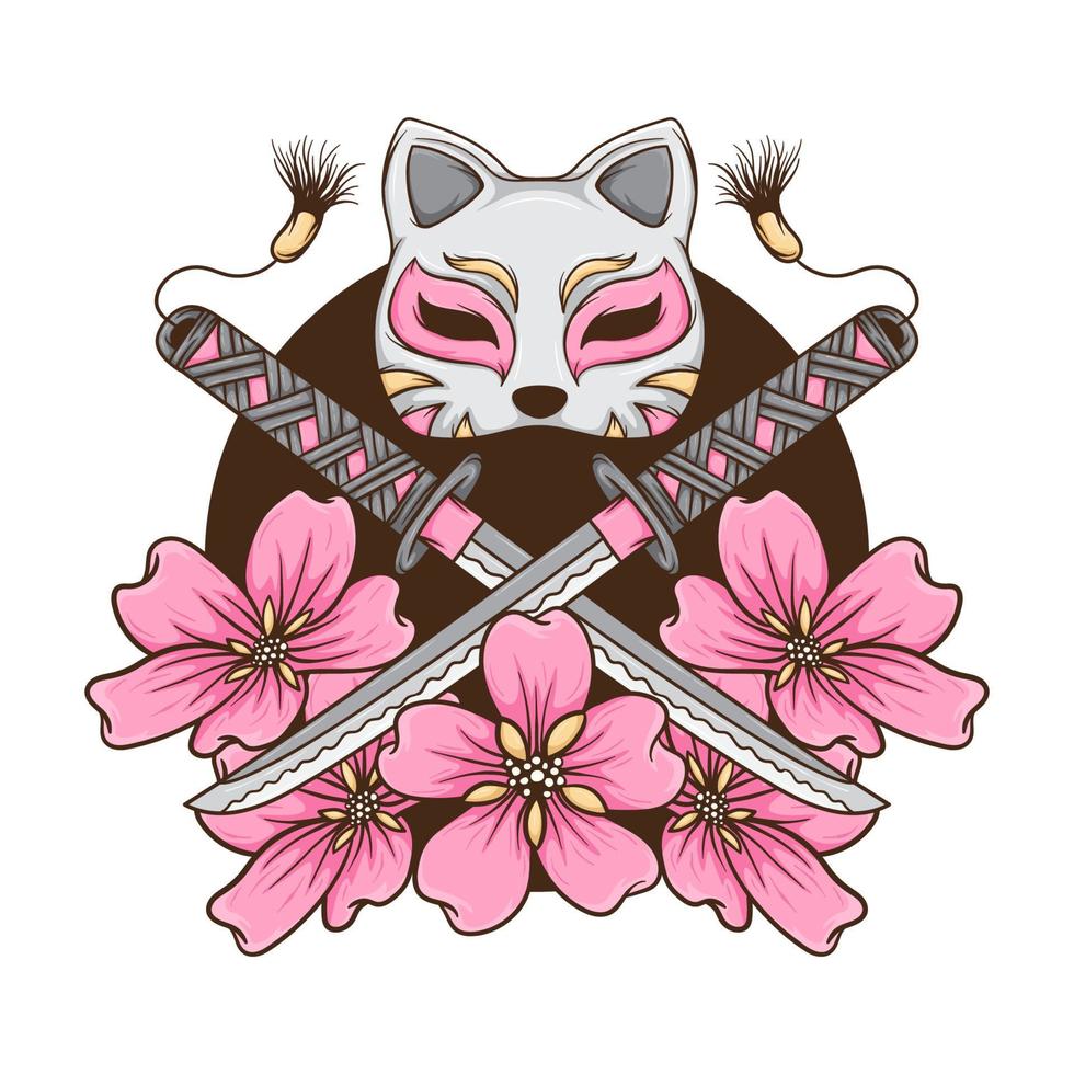 katana zwaard en kattenmasker met kersenbloesem hand getekende illustratie vector