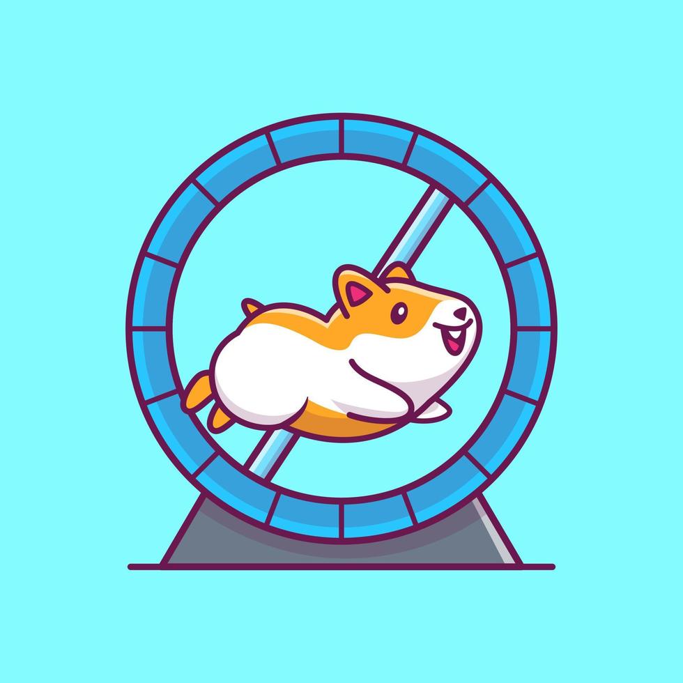 schattige hamster uitgevoerd in lopende wiel cartoon vector pictogram illustratie. dierlijke natuur pictogram concept geïsoleerde premium vector. platte cartoonstijl