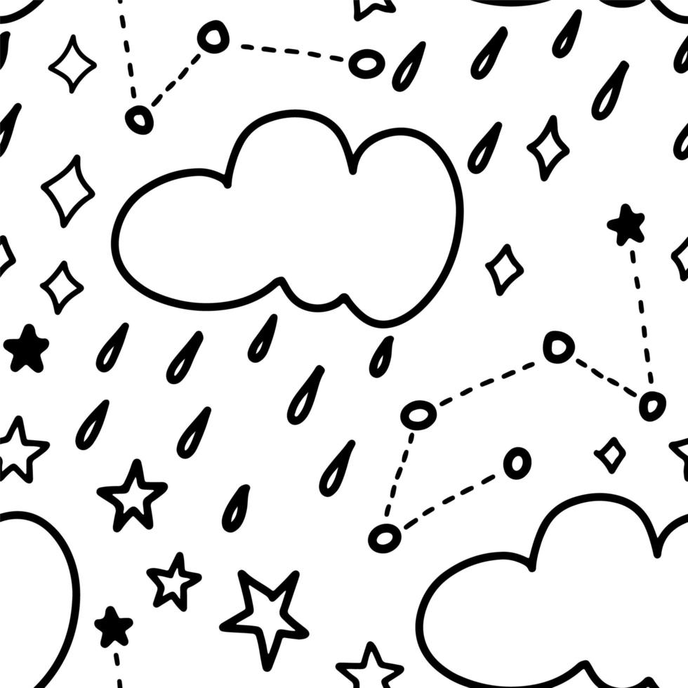 doodle zwart-witte wolken met regen, sterren en kosmos naadloos patroon. schattige nachtelijke hemel naadloze achtergrond voor textiel, stof, inwikkeling of kinderbehang. eenvoudige lijntekeningen. vector