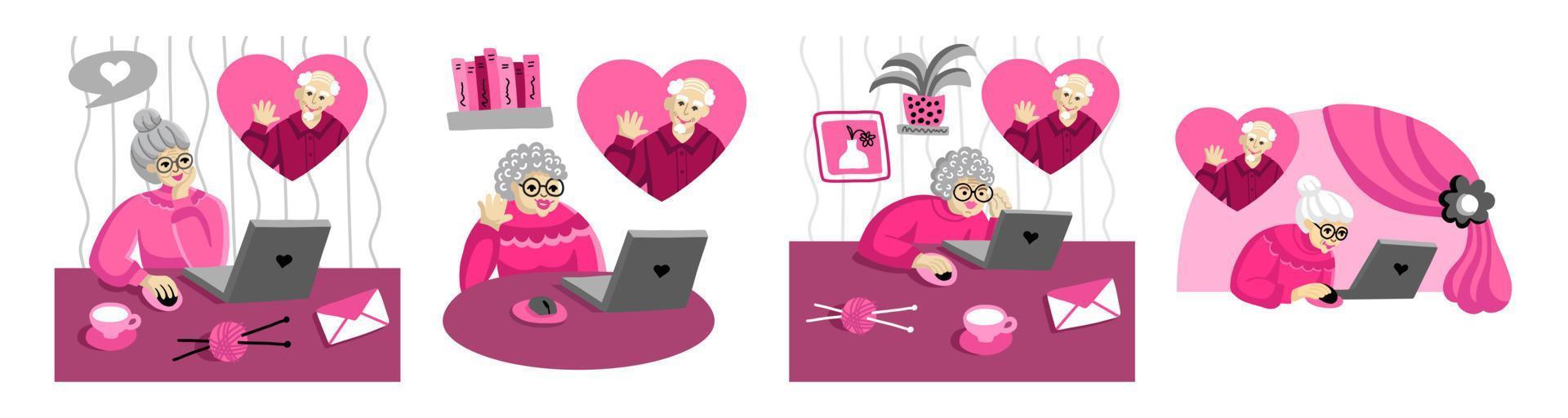een verzameling afbeeldingen van ouderen die op Valentijnsdag online via videocommunicatie met elkaar communiceren. online daten op een datingsite. Valentijnsdag wenskaart. vector