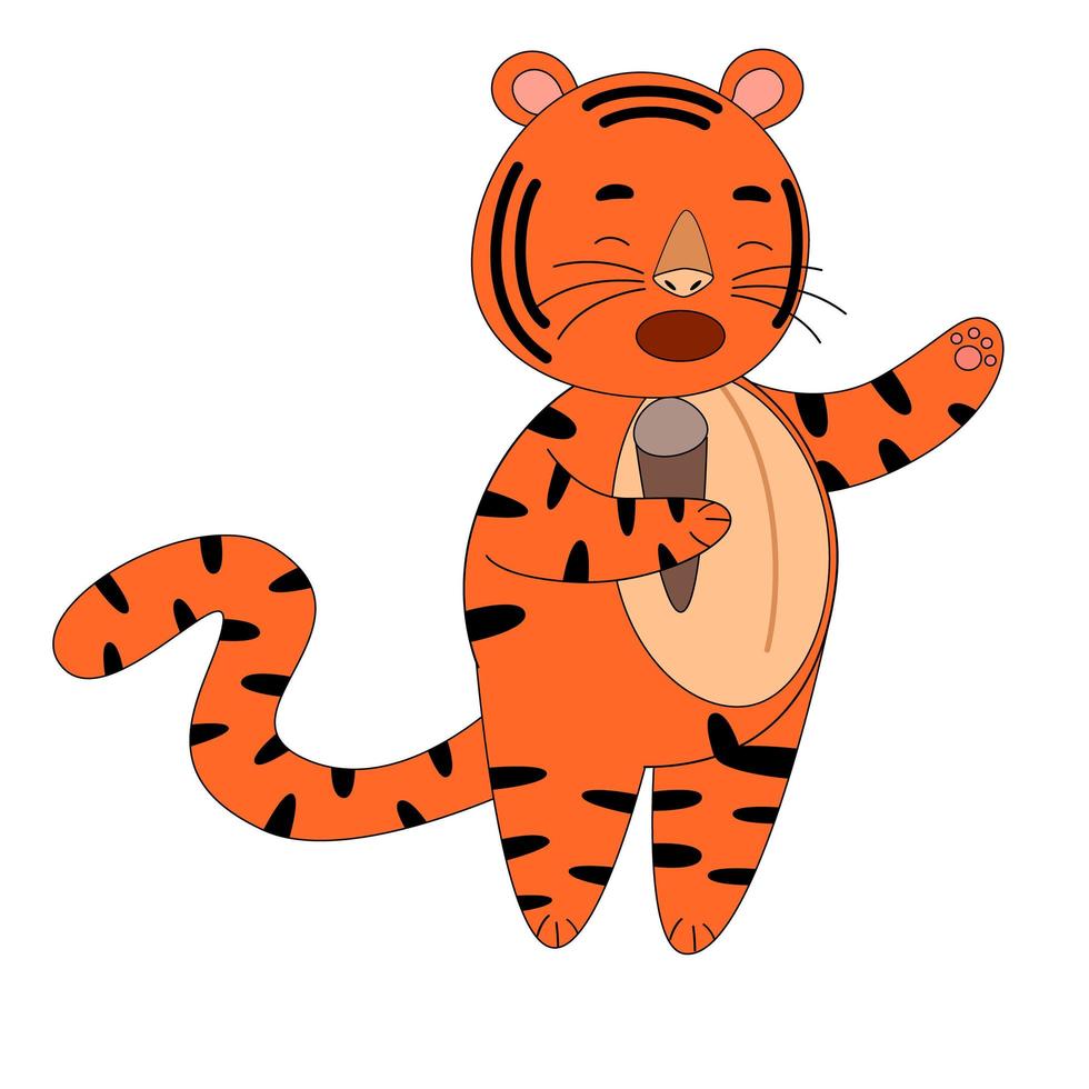 de tijger zingt in de microfoon, een schattig dier. vector