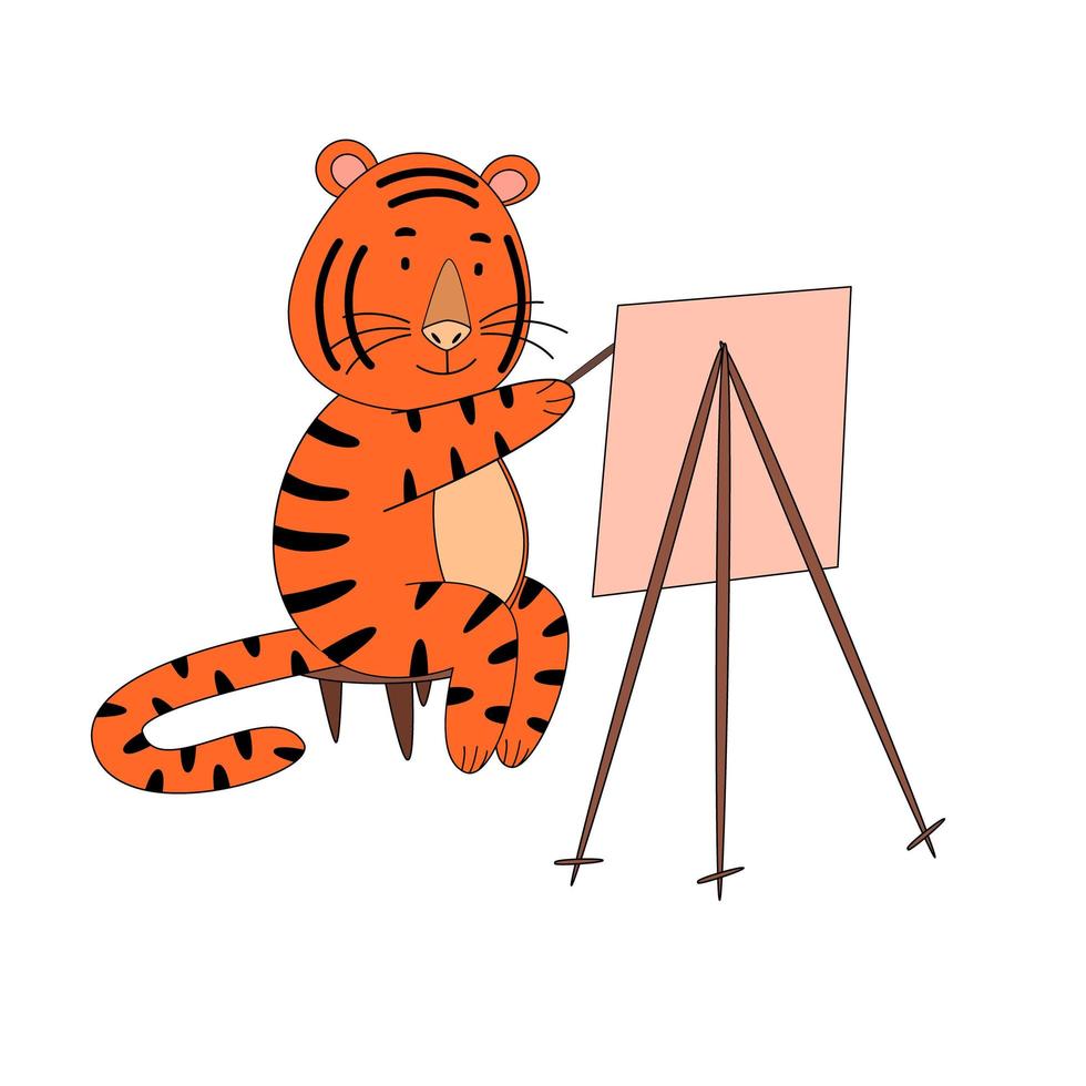 een tijger tekent op een malbert, een schattig dier. het idee van een personage voor een wenskaart, een kind is muurschildering. vector