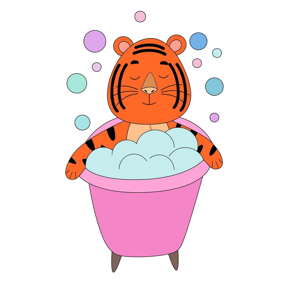tijger neemt een bubbelbad, schattig dier. het idee van een personage voor een wenskaart, een kind is muurschildering. vector