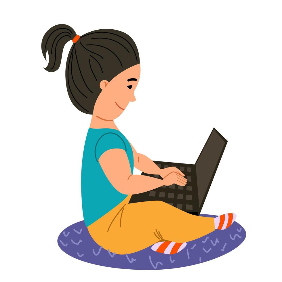 een donkerharig meisje zit met een laptop op het tapijt. Draadloze technologie. vector
