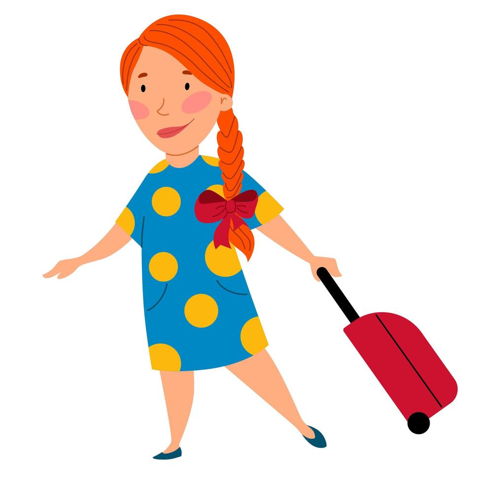 een schattig roodharig meisje staat met een koffer, een kind met een vlecht en een strik. vector