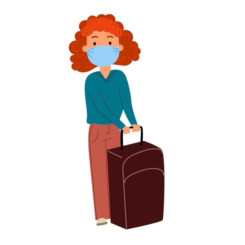 een roodharig meisje met een koffer en een masker wacht op haar transport. vector