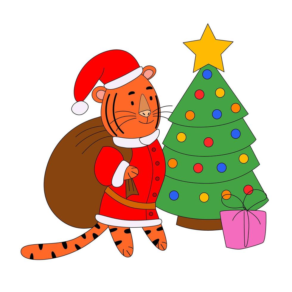 tijger-santa claus met een zak met geschenken bij de kerstboom, een schattig dier. vector