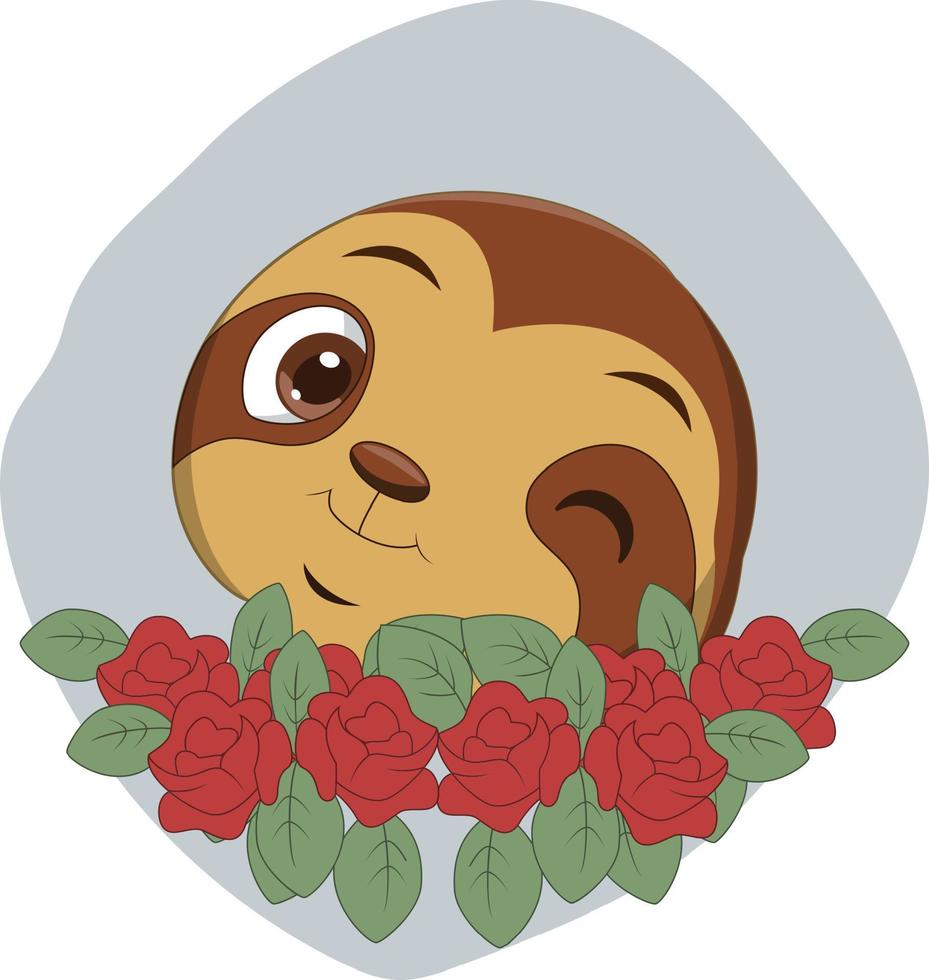 schattige luiaard hoofd cartoon met bloemen vector