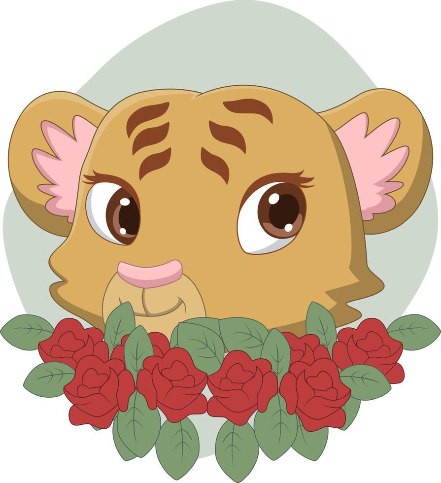 schattige tijger hoofd cartoon met bloemen vector