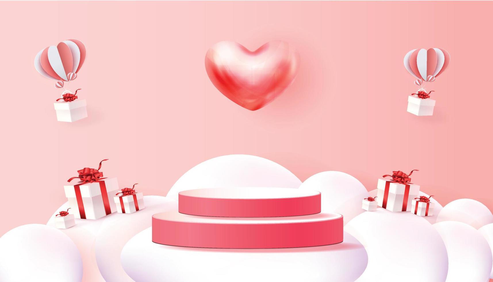 3d achtergrond van het podium rode product voor valentijnskaart. Roze en hart liefde romantiek conceptontwerp vector illustation decoratie banner