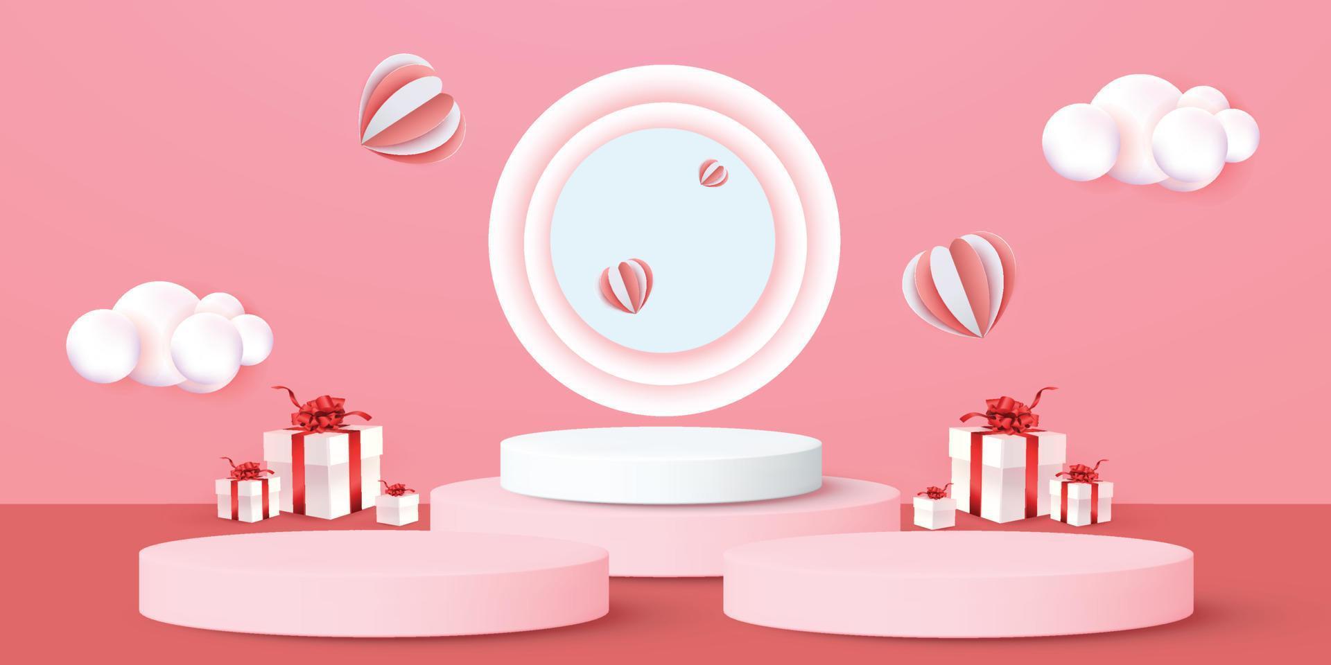 3d achtergrond van het podium rode product voor valentijnskaart. Roze en hart liefde romantiek conceptontwerp vector illustation decoratie banner