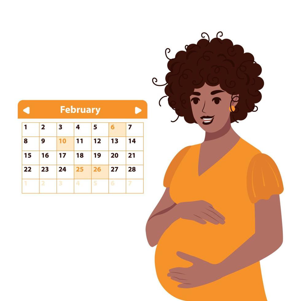 een kalender voor het plannen van een bezoek voor een consult bij een arts. Afro-Amerikaanse zwarte zwangere vrouw. vector geïsoleerde illustratie