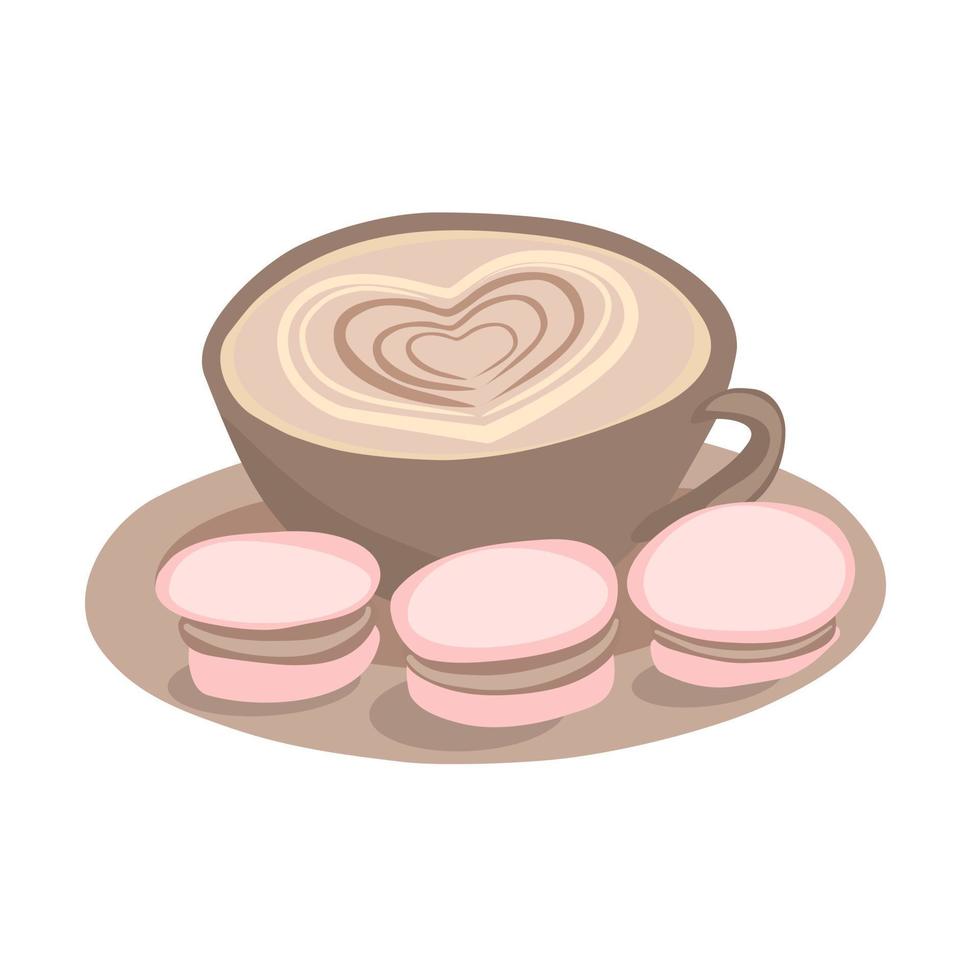 een kopje koffie met melk en bitterkoekjes. vectorillustratie van cappuccino met hart op topping. drankje en dessert concept. vector